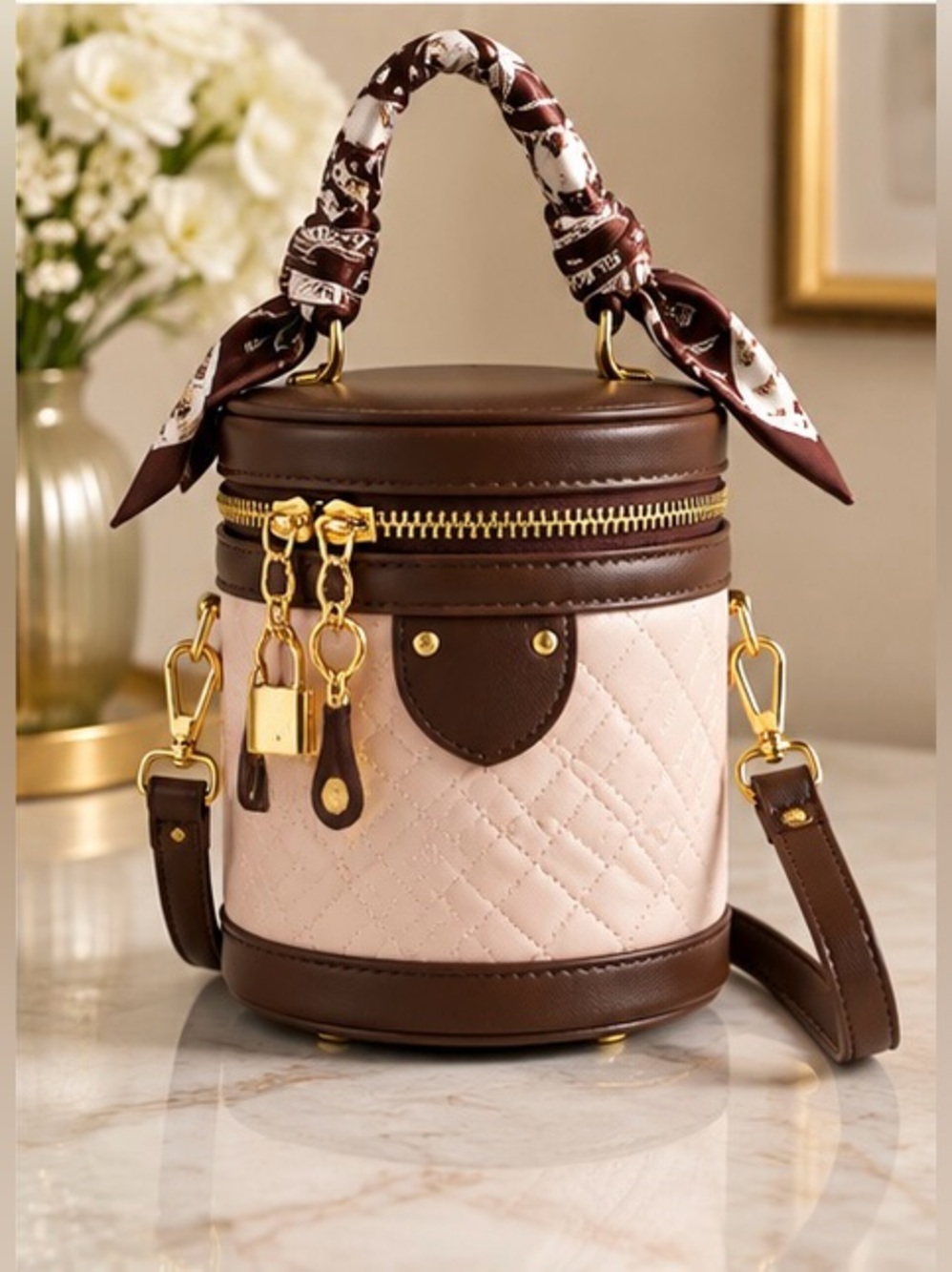 Brown & Cream Woven Cylinder Crossbody with Top Handle